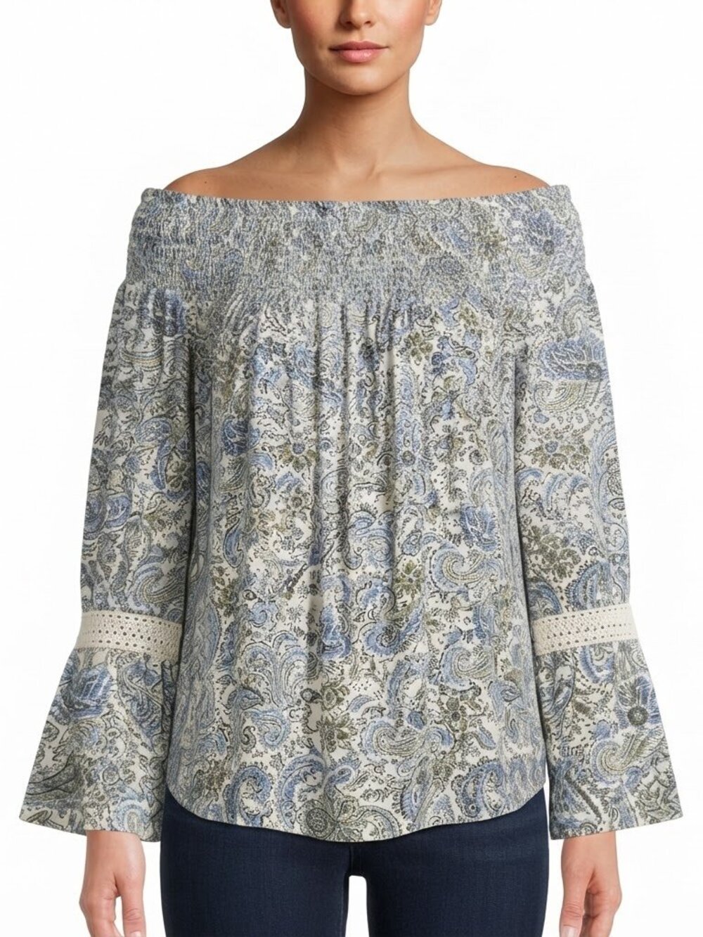 Westport Woman Blue and White Paisley Off-Shoulder Smocked Blouse Size 1X